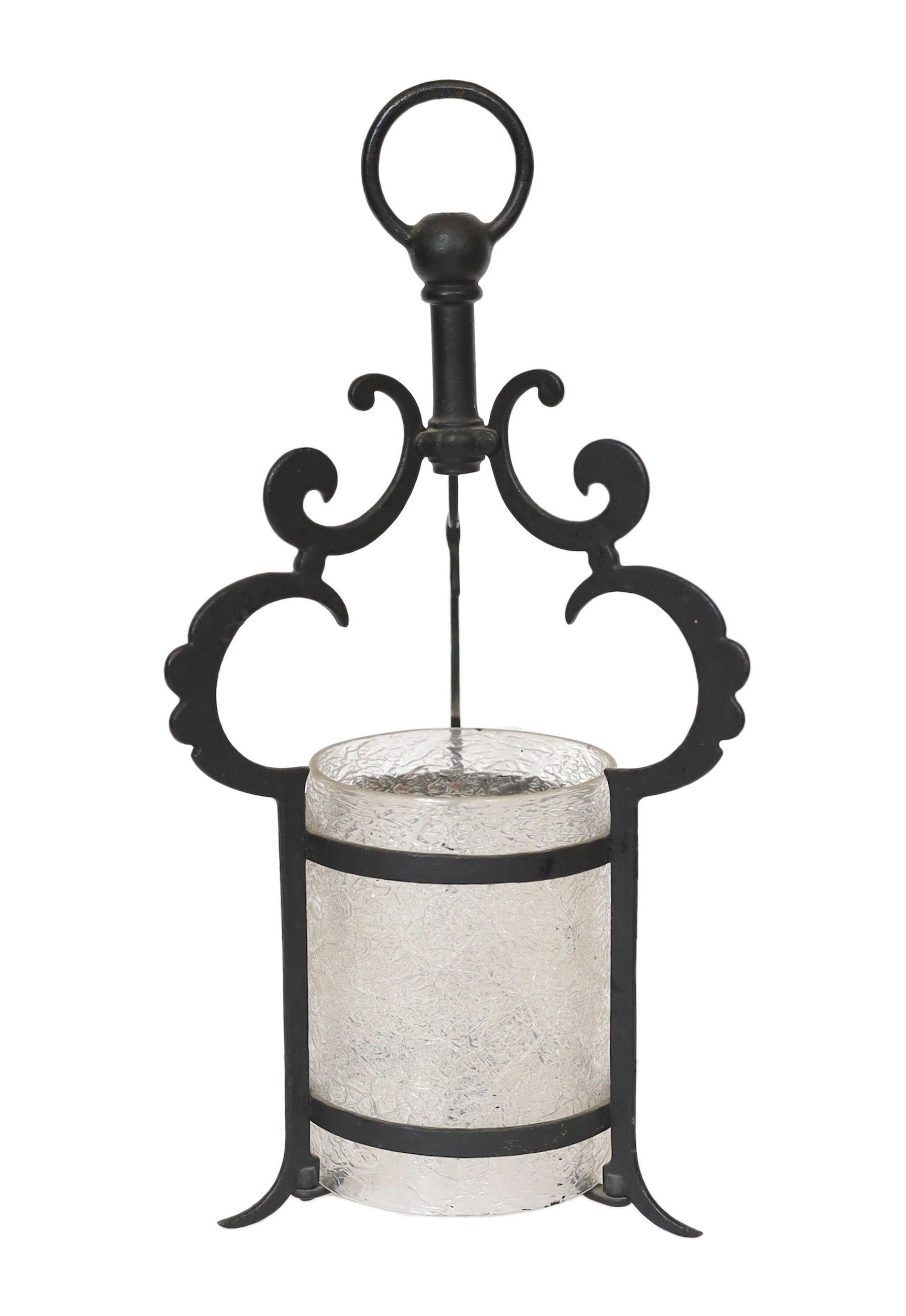 An early 20th century English wrought iron hall lantern with frosted glass liner, height 40cm to 40cm